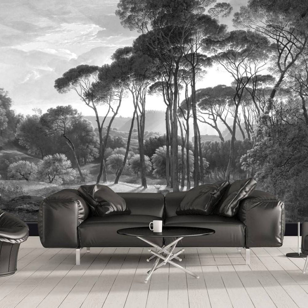 Papier peint forêt exotique noir et blanc