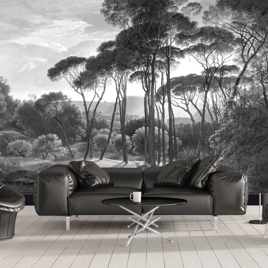 Papier peint forêt exotique noir et blanc