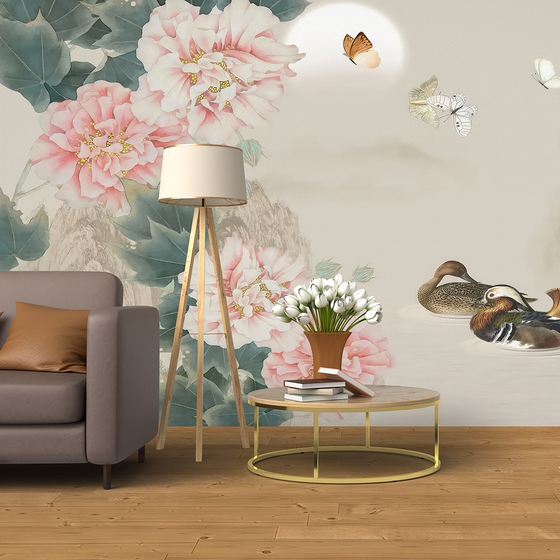 Papier peint hortensias et oies sur le lac