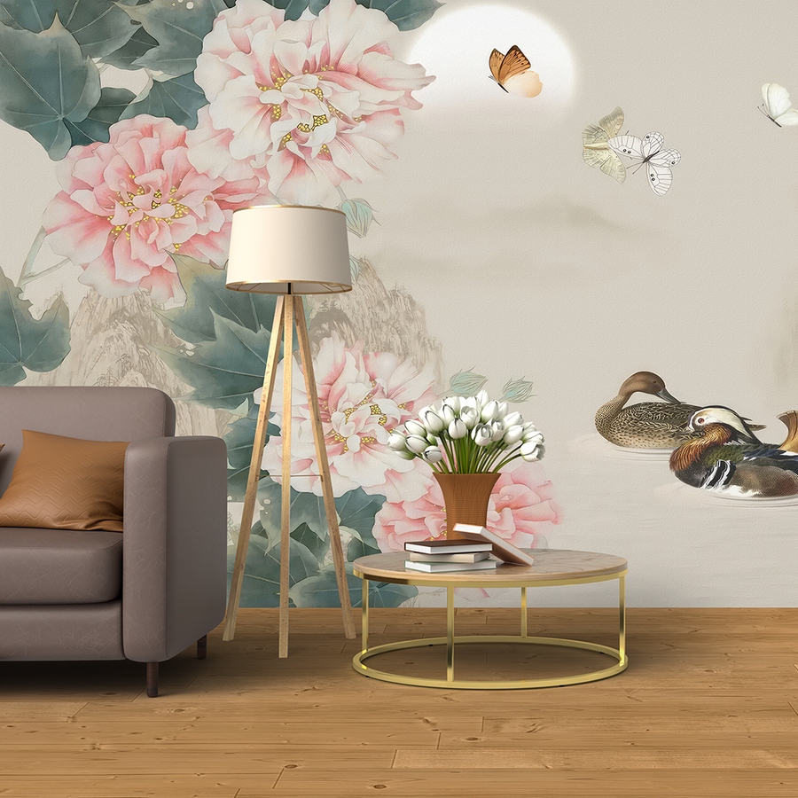 Papier peint hortensias et oies sur le lac