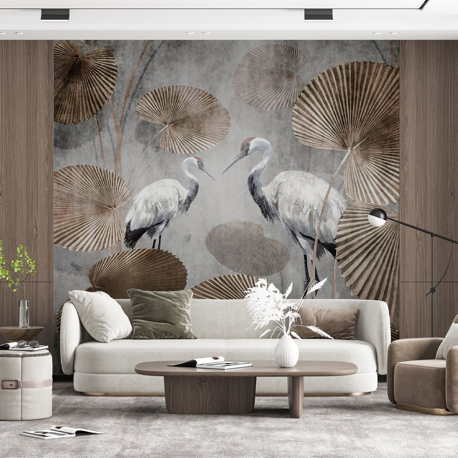 Papier peint pélicans sur les feuilles de nénuphar