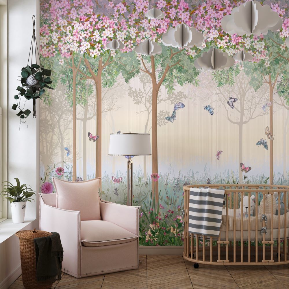 Papier peint arbres fleuris roses et papillons