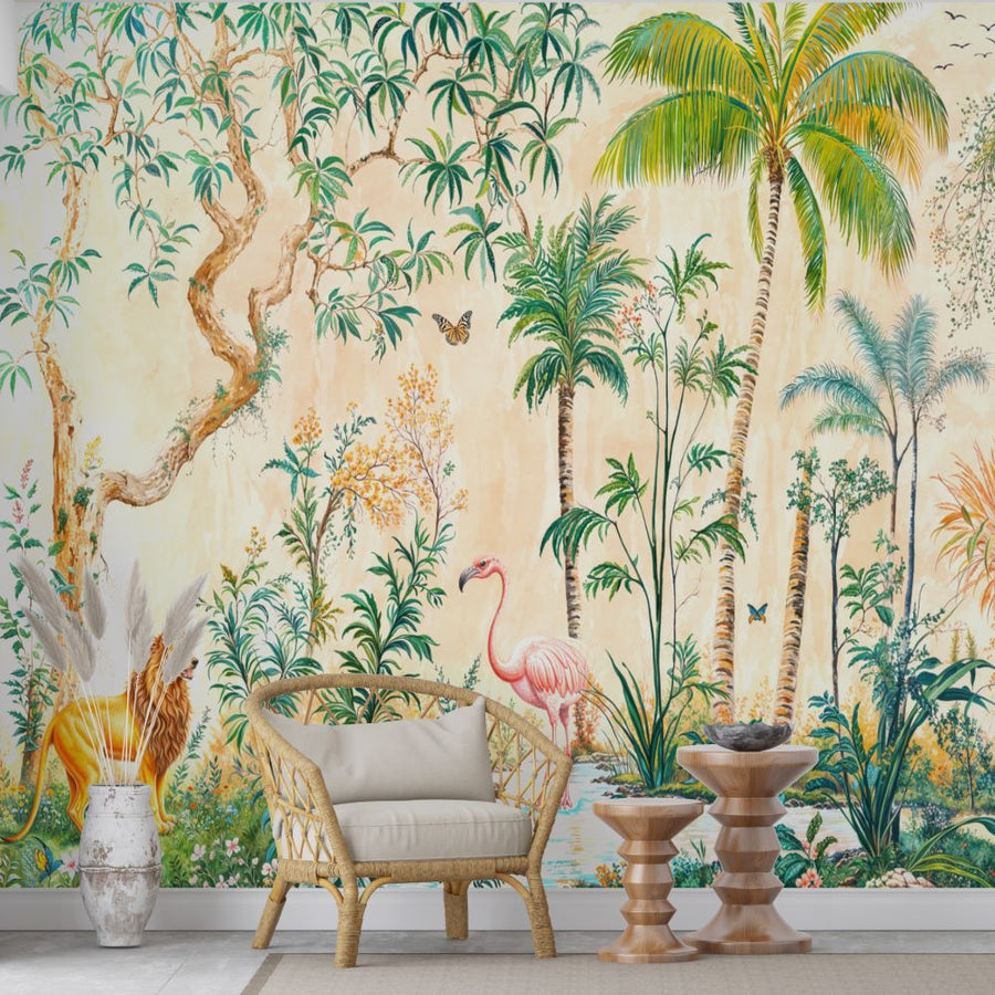 Papier peint à motif palmiers et flamants roses