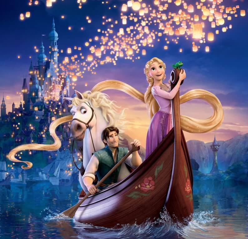 Fenerler altında teknedeki Rapunzel, at ve masal şatosu duvar kağıdı