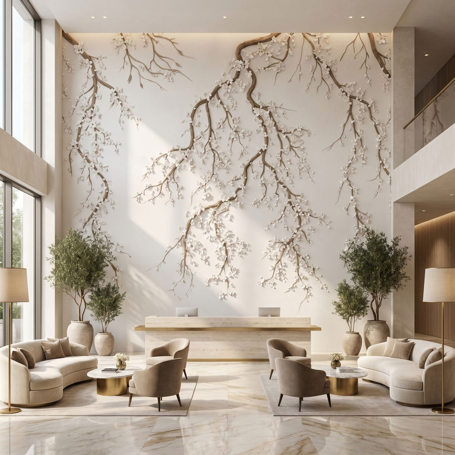 Papier peint branches de sakura blanches