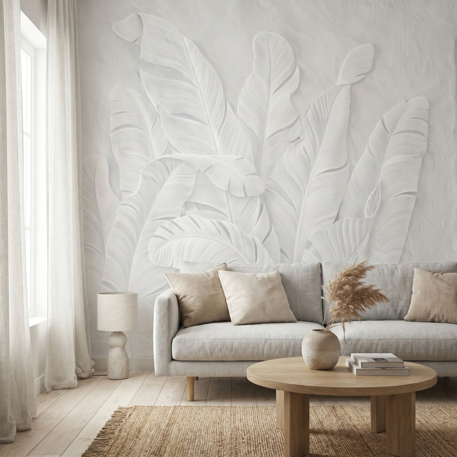Papier peint feuilles tropicales blanches