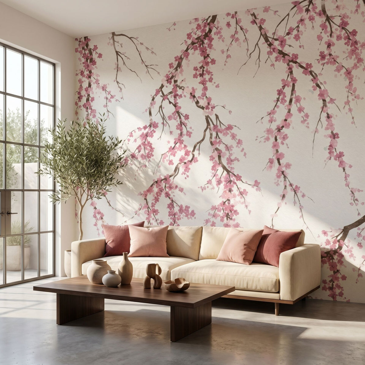 Pembe sakura dalları desenli duvar kağıdı bulunan aydınlık salon