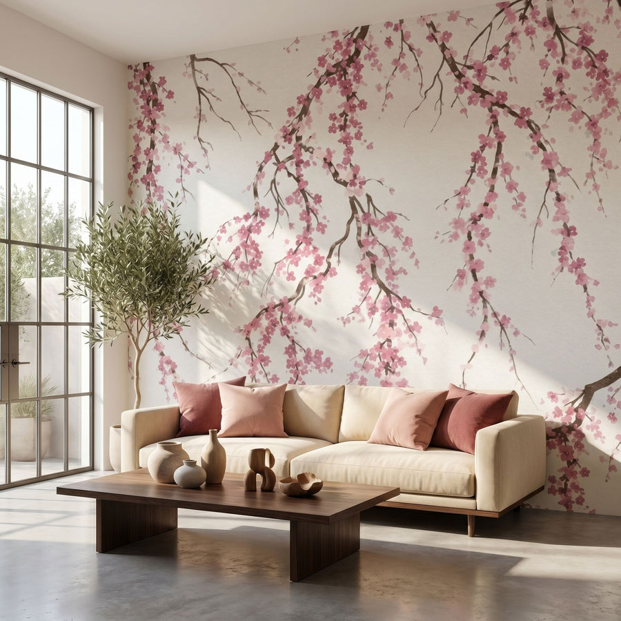 Pembe sakura dalları desenli duvar kağıdı bulunan aydınlık salon