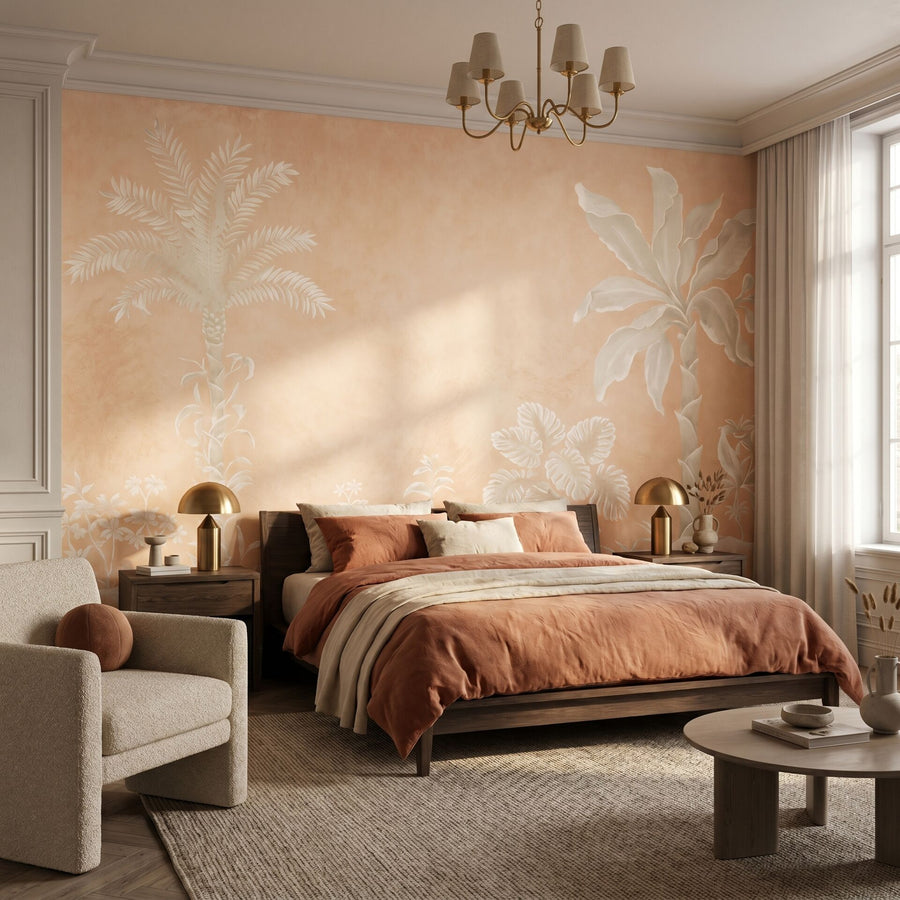 Papier peint beige à silhouettes de palmiers tropicaux