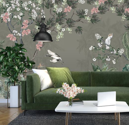 Papier peint fleurs de sakura, grue et perroquet