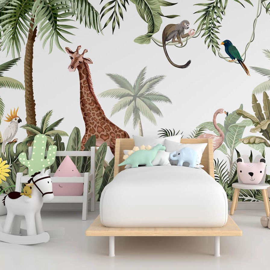 Papier peint arbres tropicaux et animaux exotiques