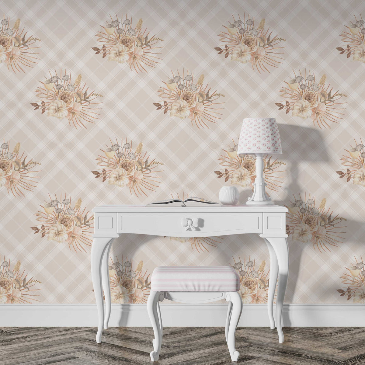 Papier peint fleurs sur carreaux beige