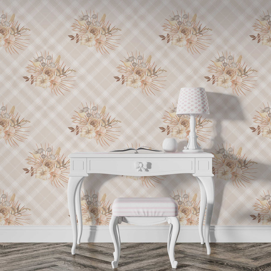 Papier peint fleurs sur carreaux beige