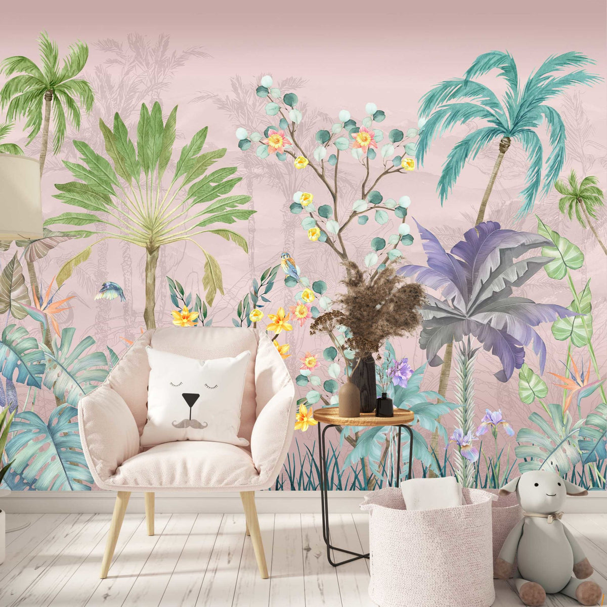Papier peint fleurs de coton et enfant joyeux sur fond rose