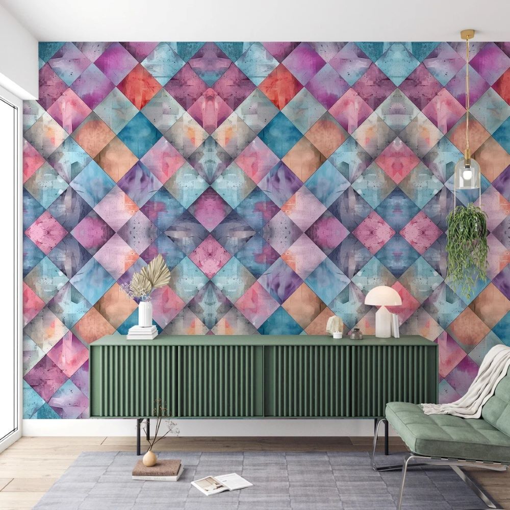 Papier peint motif géométrique à carreaux aux couleurs vives