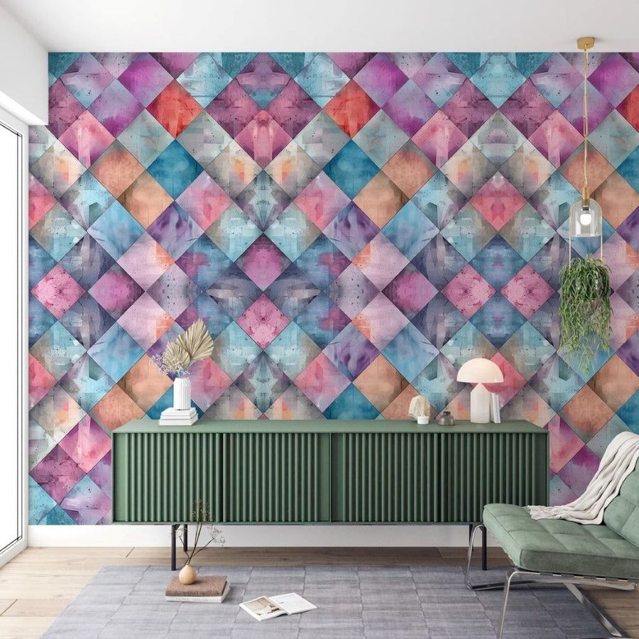Papier peint motif géométrique à carreaux aux couleurs vives