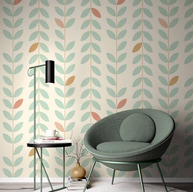 Pastel yaprak desenli retro İskandinav tarzı duvar kağıdı