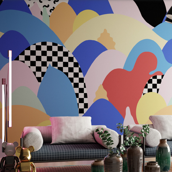 Papier peint motif rétro géométrique coloré
