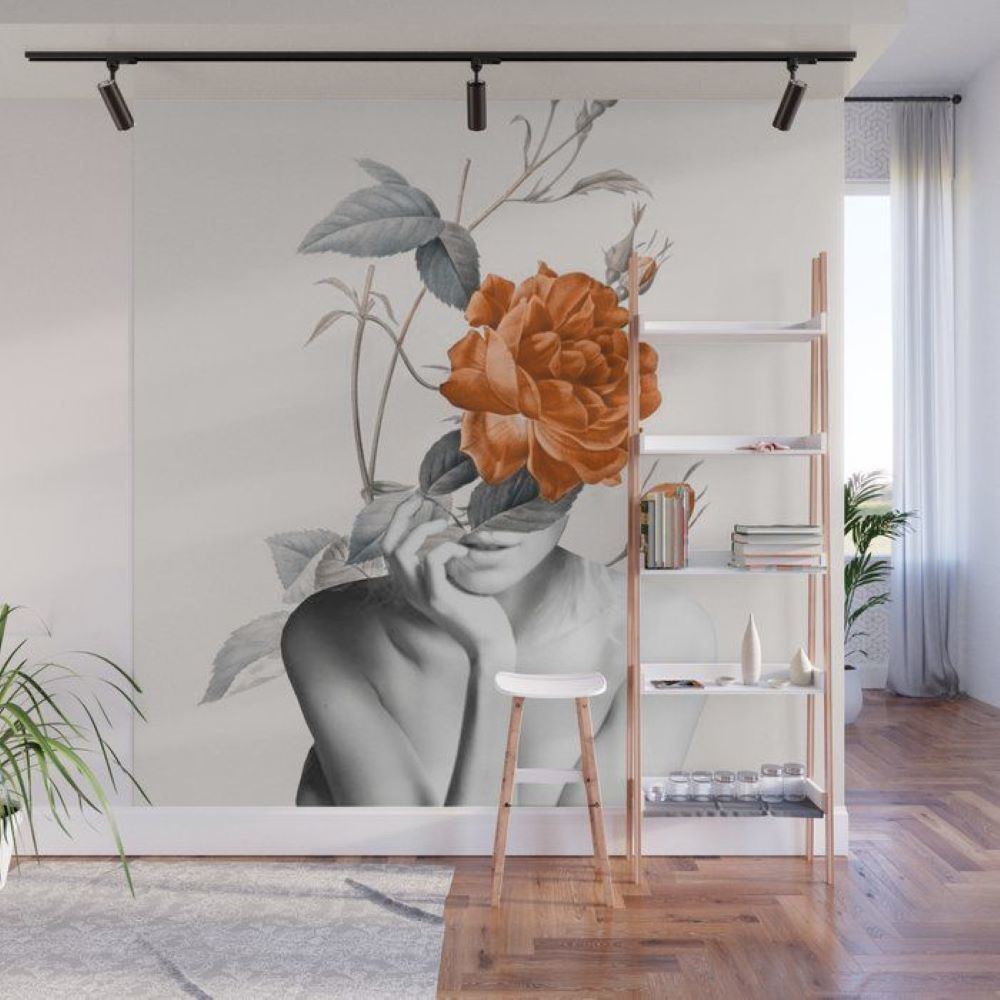 Papier peint panoramique femme aux cheveux de roses orange