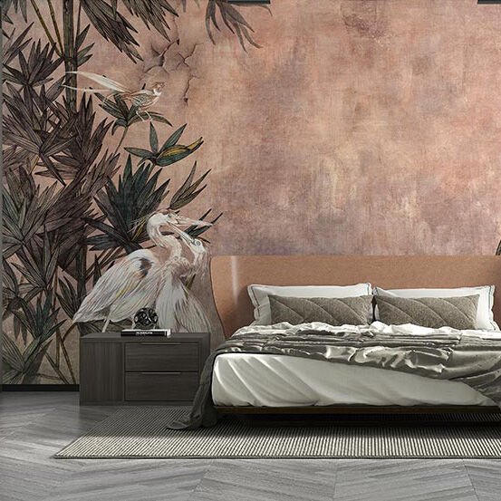 Papier peint bambous sur fond vieux rose