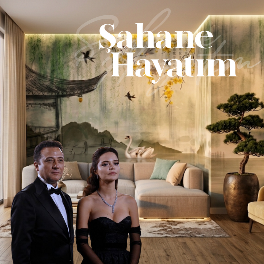 Papier peint fleurs de sakura safran et cygnes, série Şahane Hayatım