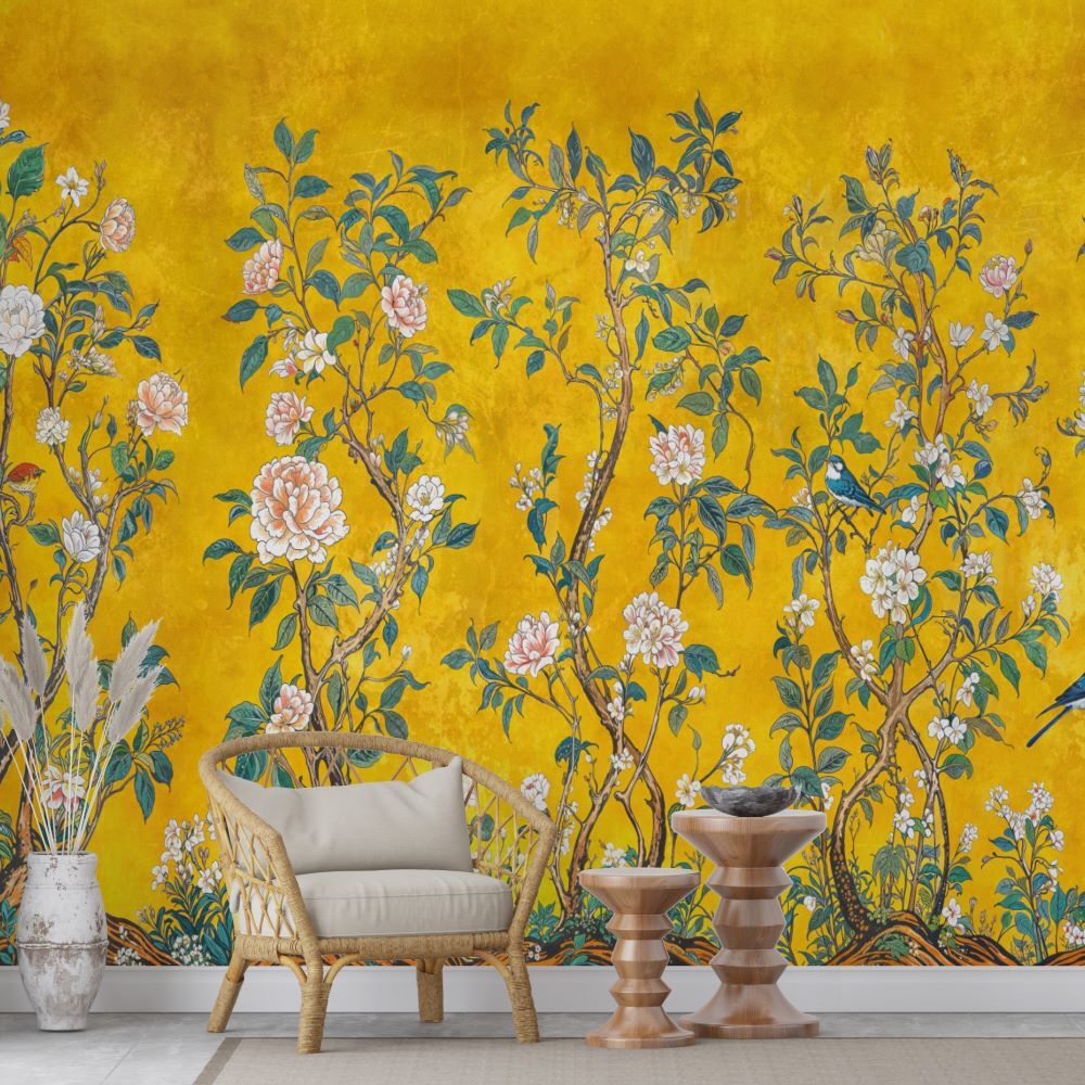 Papier peint fleurs et oiseaux jaune doré