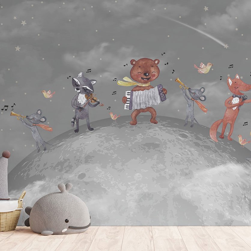 Papier peint animaux joyeux jouant de la musique sur la lune