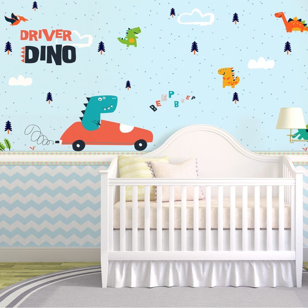 Papier peint ville des dinosaures, dinosaure au volant
