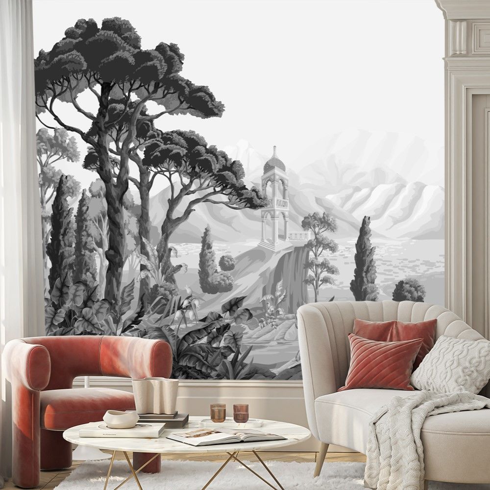 Papier peint arbres et montagnes noir et blanc