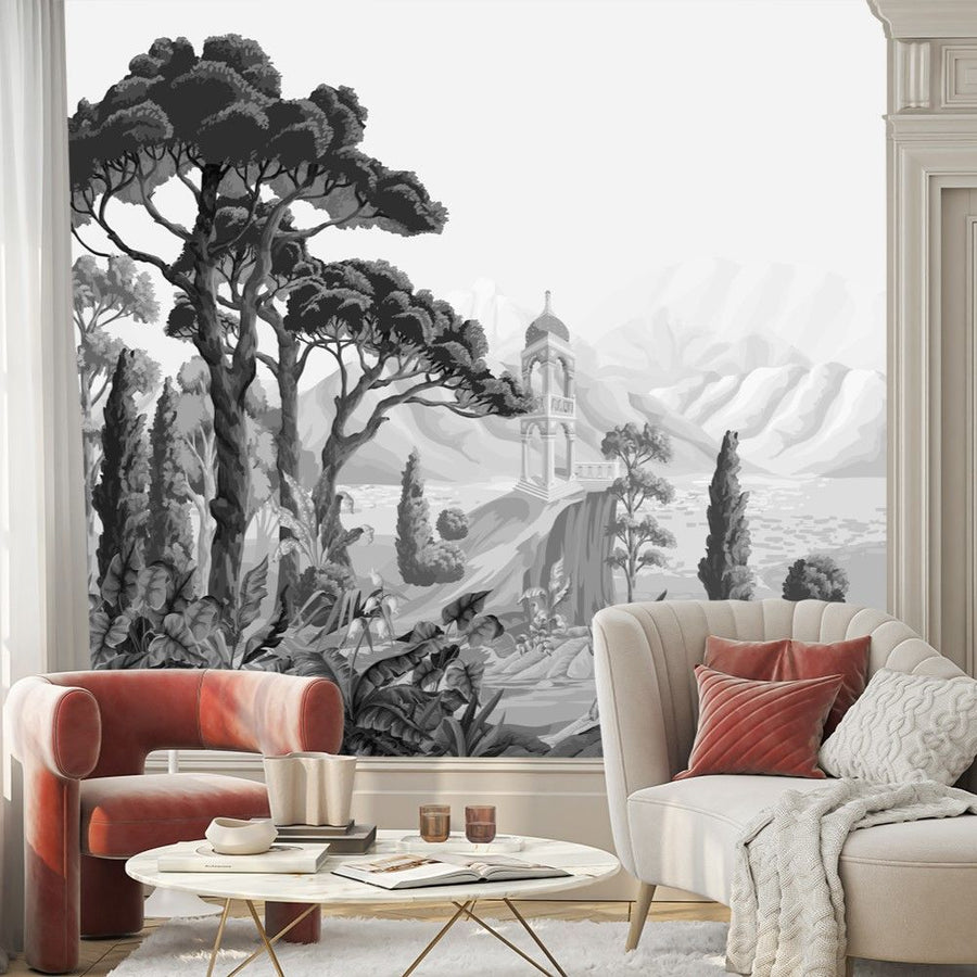 Papier peint arbres et montagnes noir et blanc