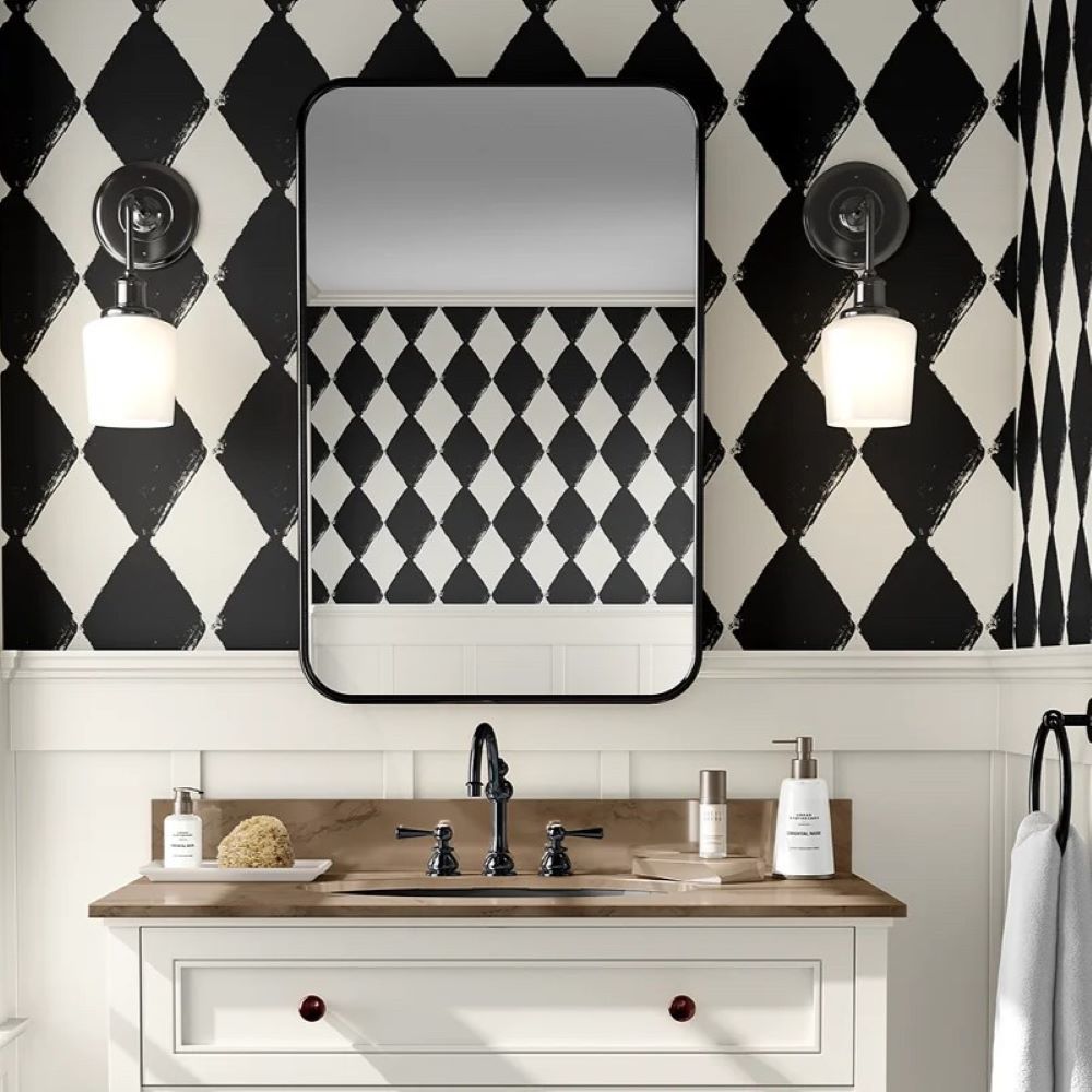 Papier peint motif losange noir et blanc