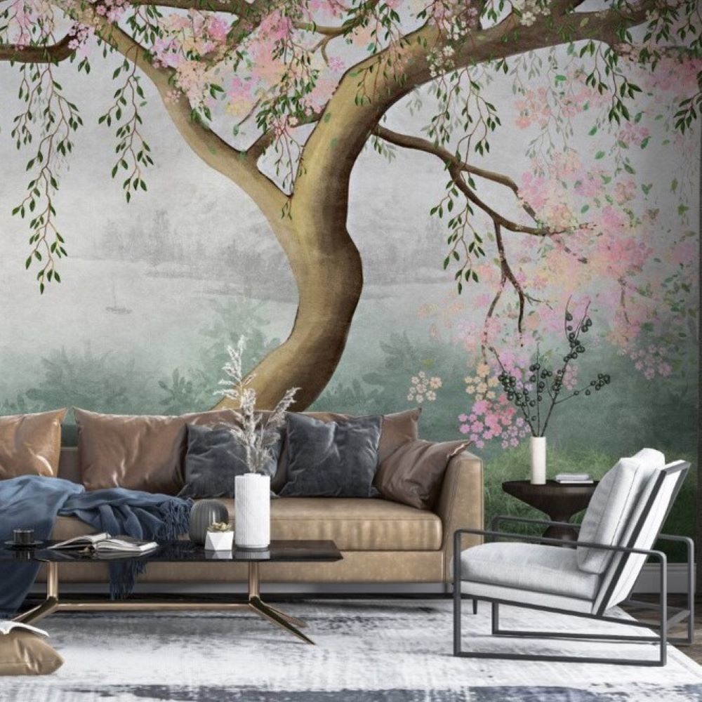 Papier peint arbre fleuri aux branches de saule