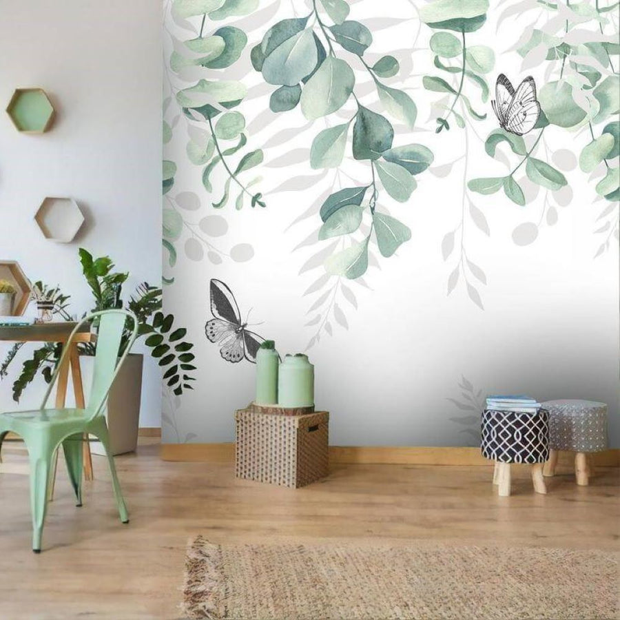 Papier peint feuilles vertes et papillons à l'aquarelle
