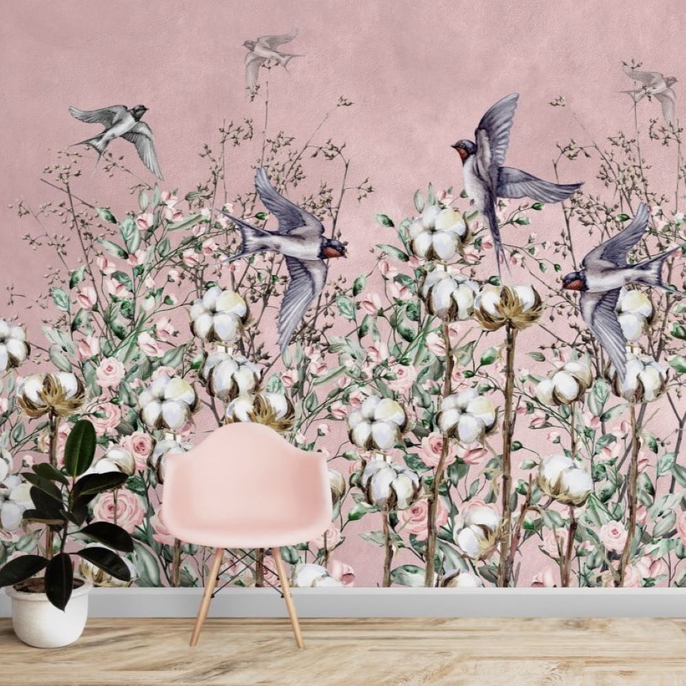 Papier peint fleurs de coton et hirondelles
