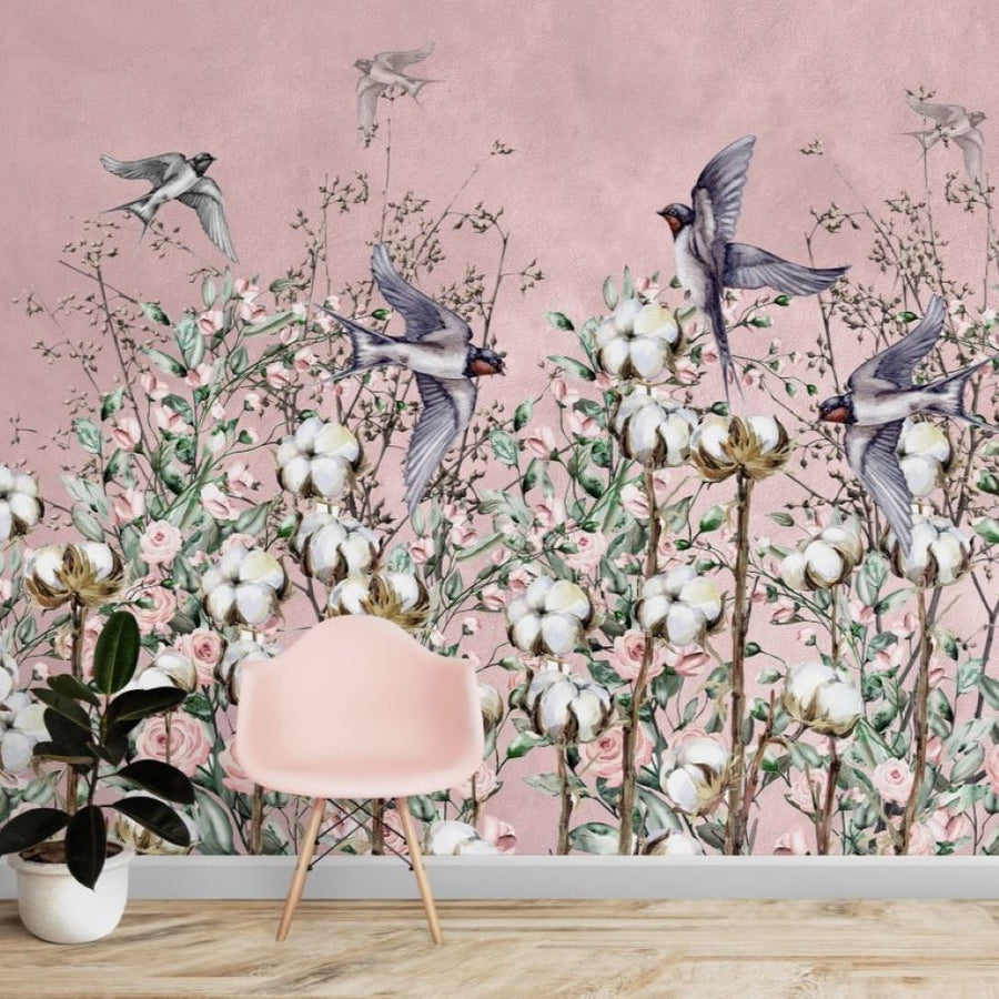 Papier peint fleurs de coton et hirondelles