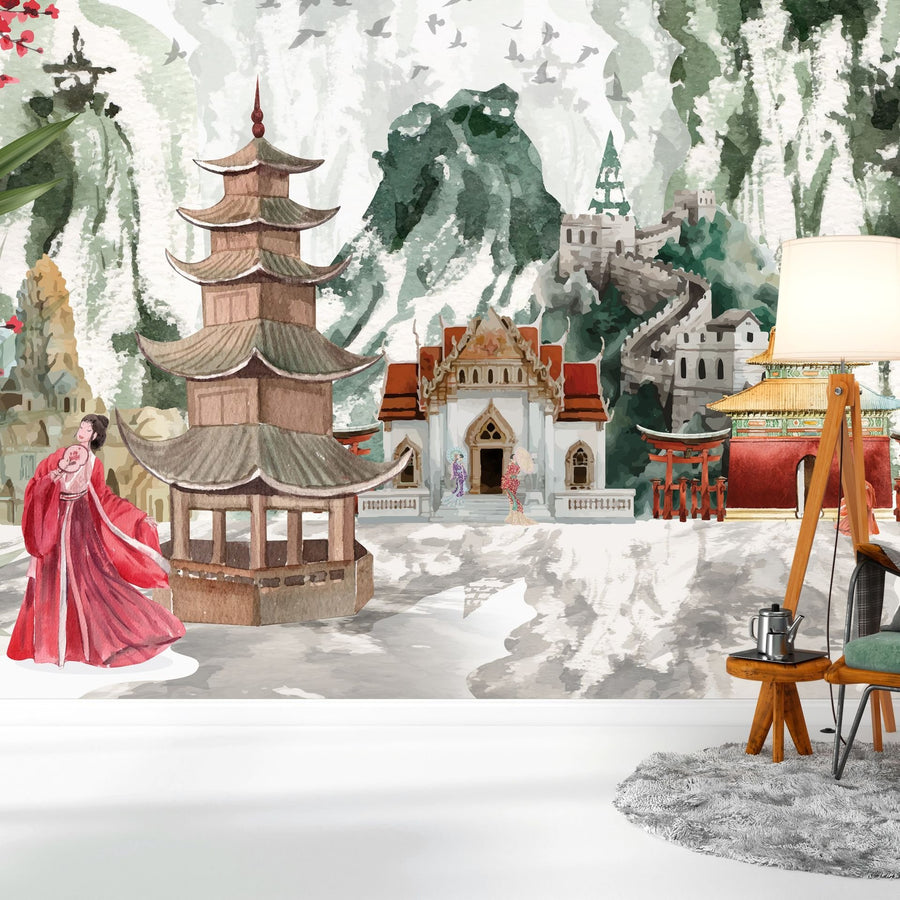 Papier peint maison pagode sous la neige