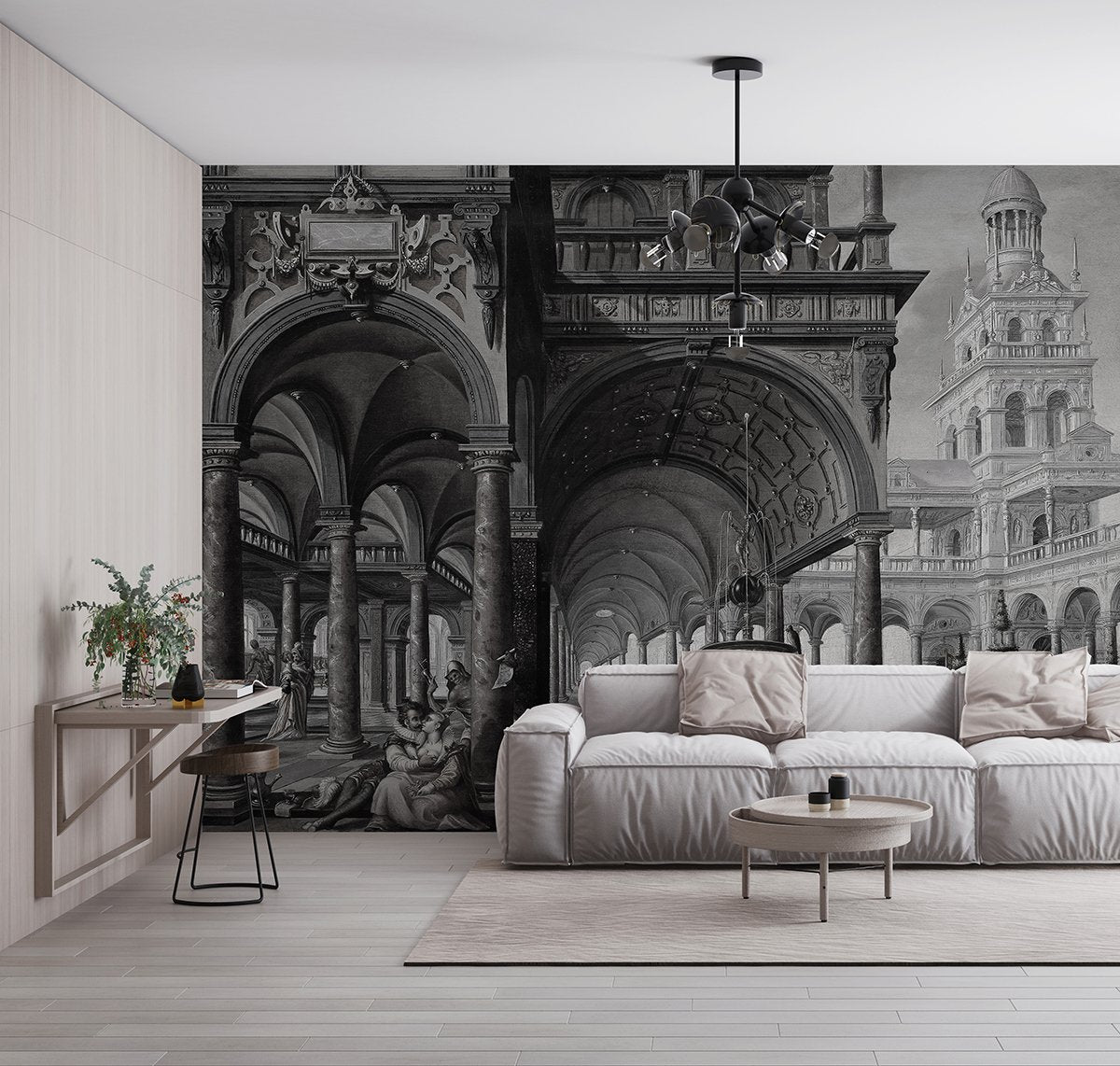 Papier peint colonnes grises et portes historiques anthracite