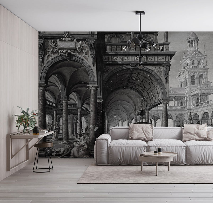 Papier peint colonnes grises et portes historiques anthracite