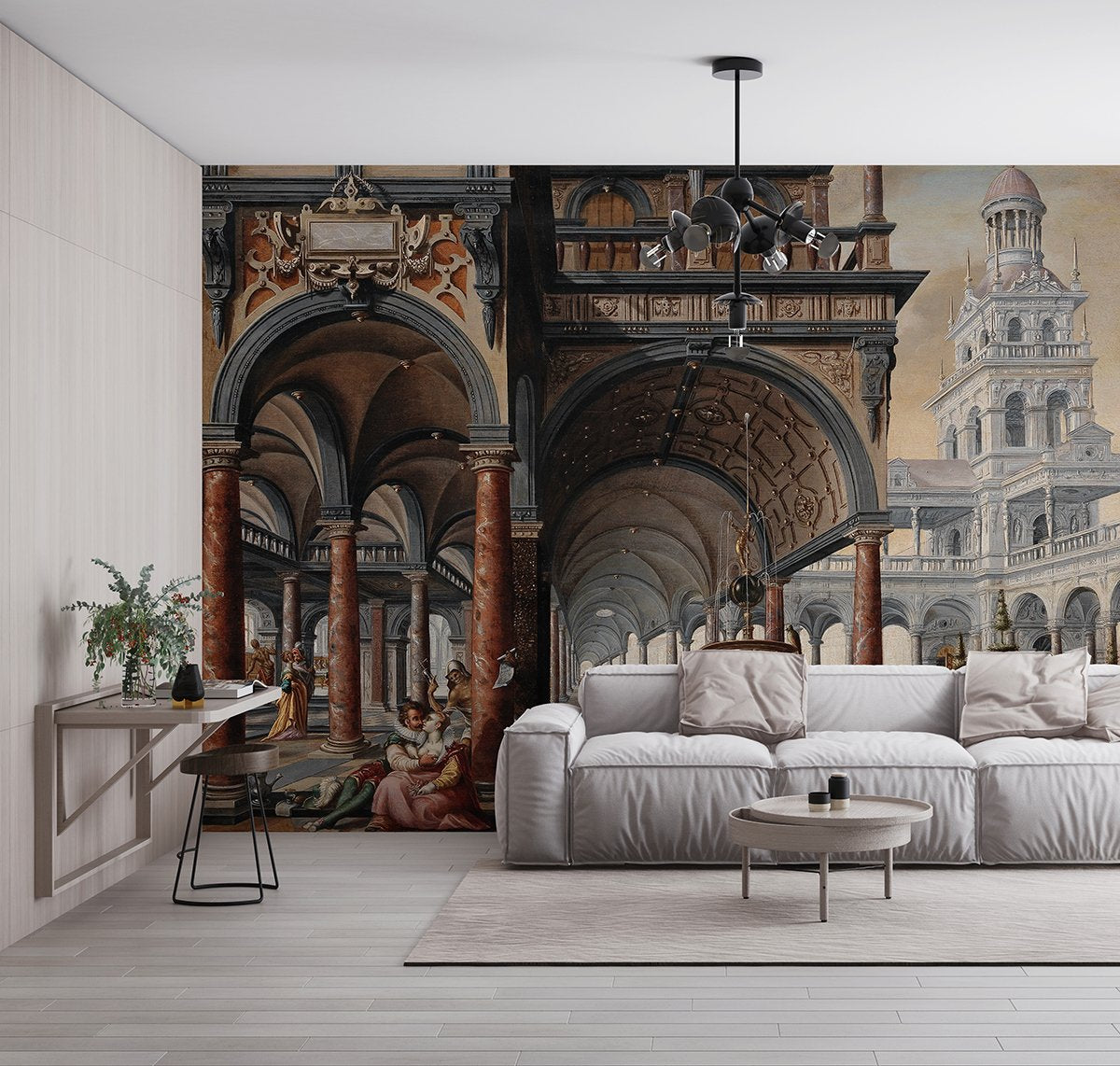 Papier peint colonnes et portes historiques ton terre cuite