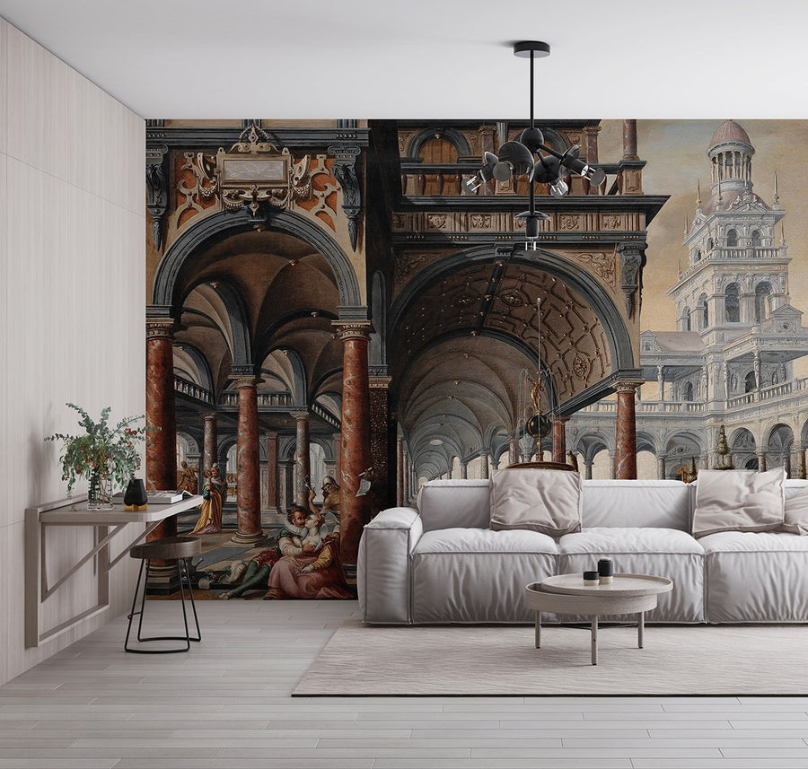 Papier peint colonnes et portes historiques ton terre cuite