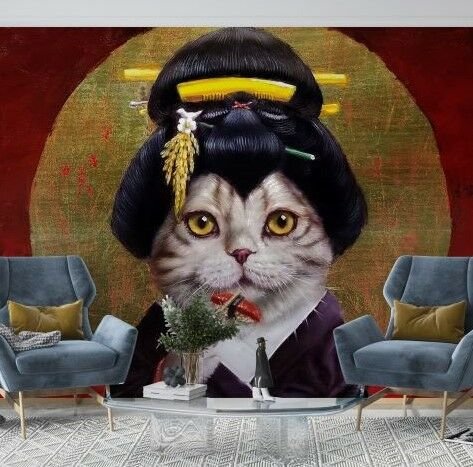 Papier peint chat figuratif d'inspiration extrême-orientale