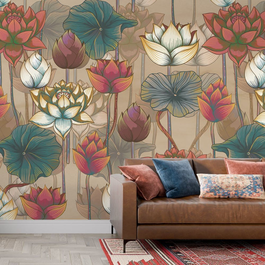 Papier peint magnolias et hortensias