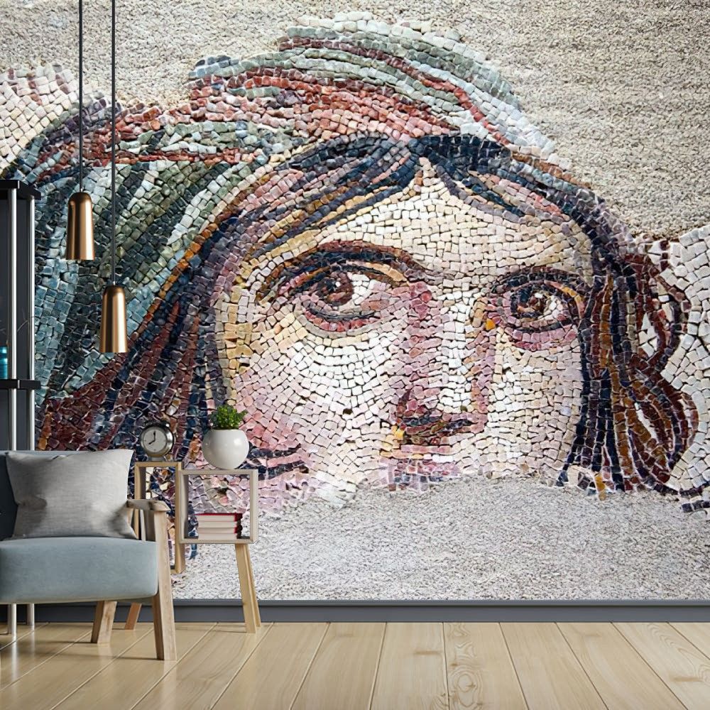 Kadın portreli Zeugma mozaik desenli salon duvar kağıdı