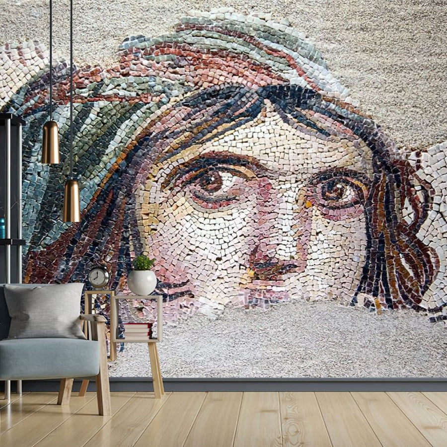 Kadın portreli Zeugma mozaik desenli salon duvar kağıdı