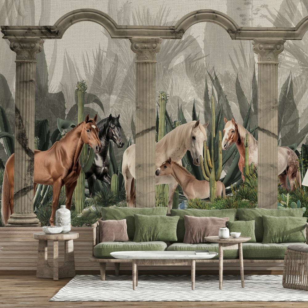 Papier peint chevaux sauvages entre les colonnes