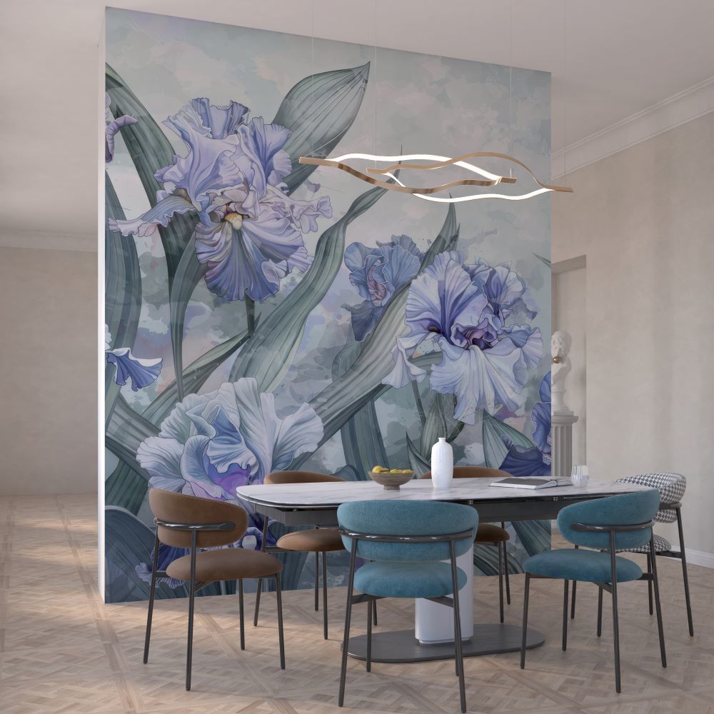 Papier peint fleur d'iris aux tons bleu et lilas