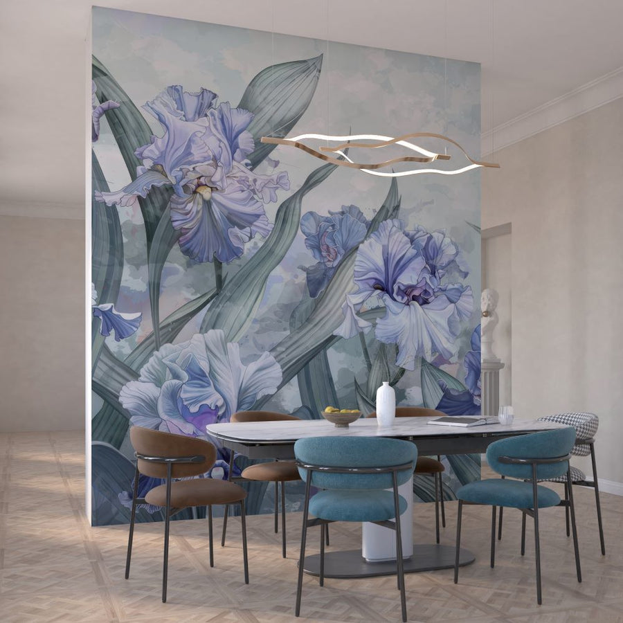 Papier peint fleur d'iris aux tons bleu et lilas