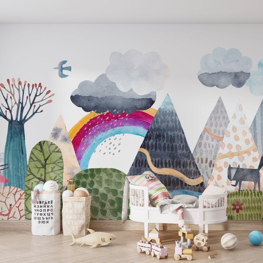 Papier peint nuages de pluie et arc-en-ciel adorables
