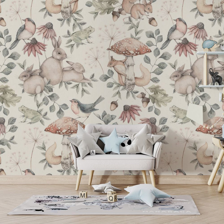 Papier peint écureuil, lapin et champignons