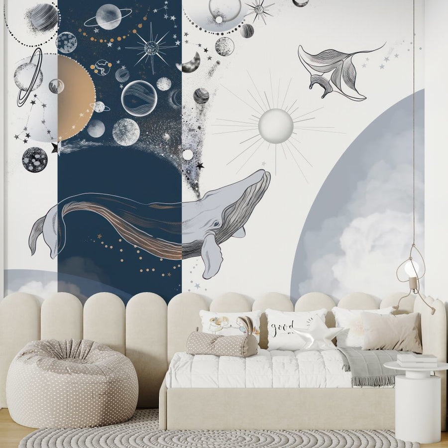 Papier peint planètes, baleine et raie